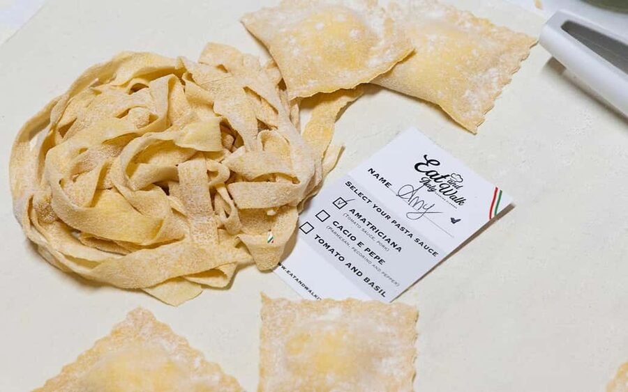 Rome: 3-in-1 Fettuccine, Ravioli, and Tiramisu Cooking Class - Sitting down to eat your own work
